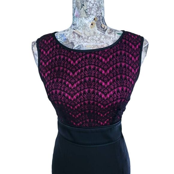 London Times Dark Pink & Black Abstract Lace Top Color Block Short Dress NEW - Picture 3 of 11